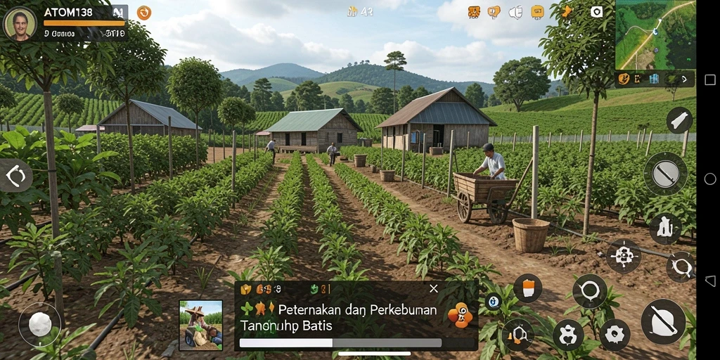Tampilan gameplay ATOM138 dengan ladang hijau dan hewan ternak yang aktif.