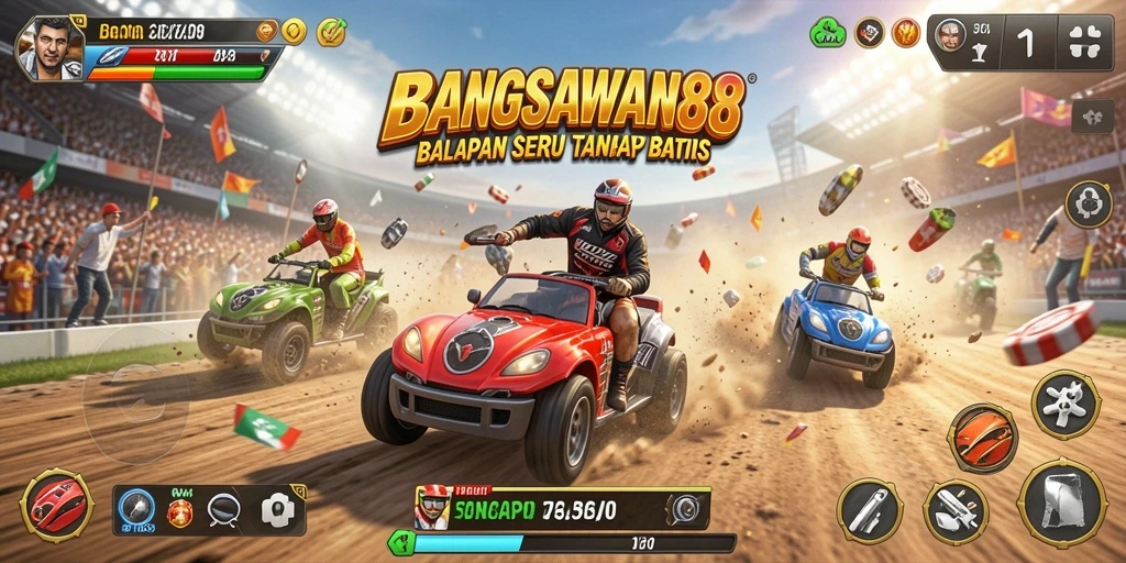 Screenshot gameplay BANGSAWAN88 menampilkan balapan seru di trek menantang.