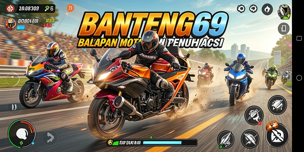 Screenshot utama menunjukkan aksi balapan motor yang penuh energi.