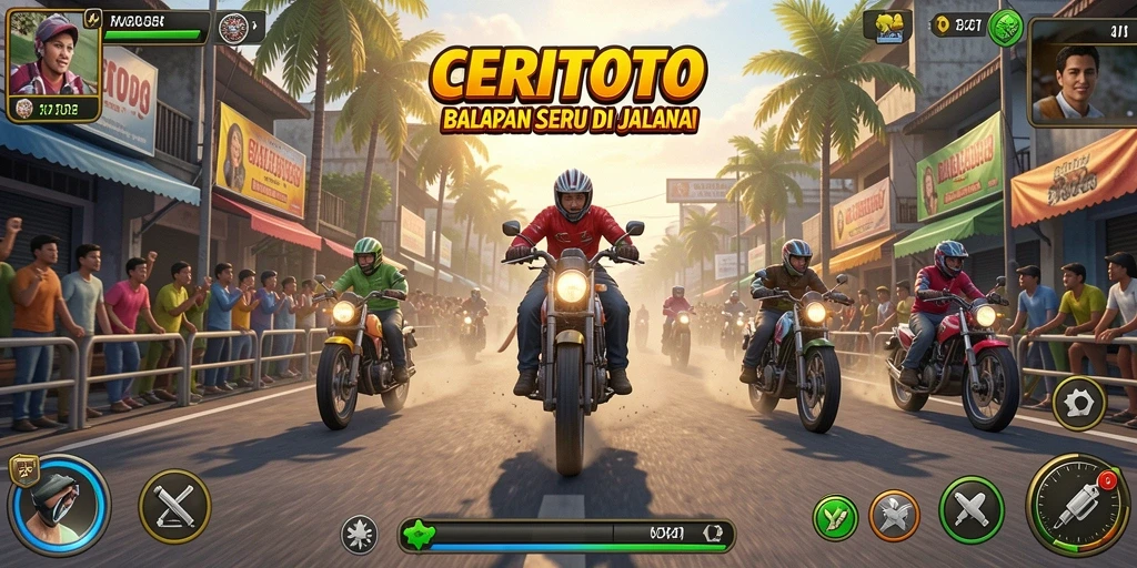 Gameplay CERITOTO menampilkan balapan seru di berbagai trek.