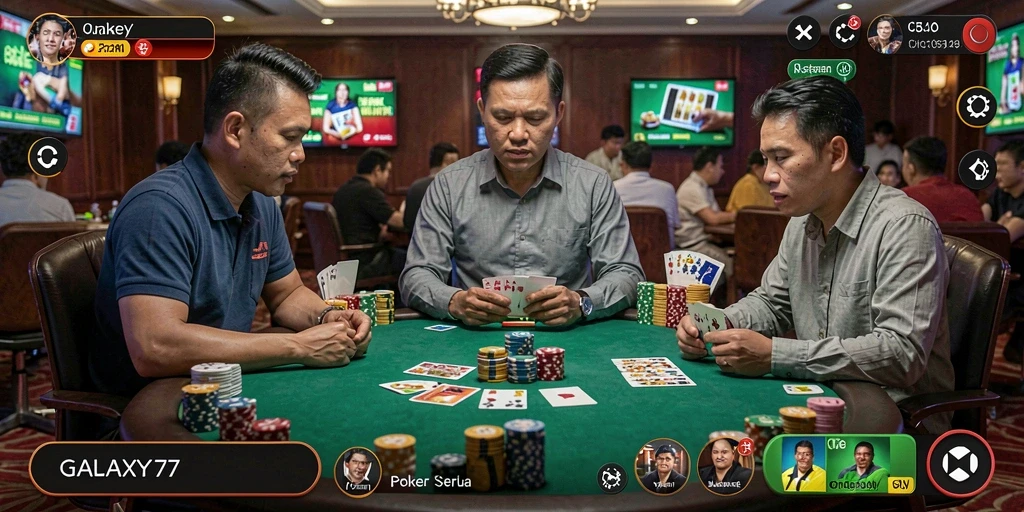 Screenshot utama GALAXY77 menampilkan gameplay poker yang mendebarkan.