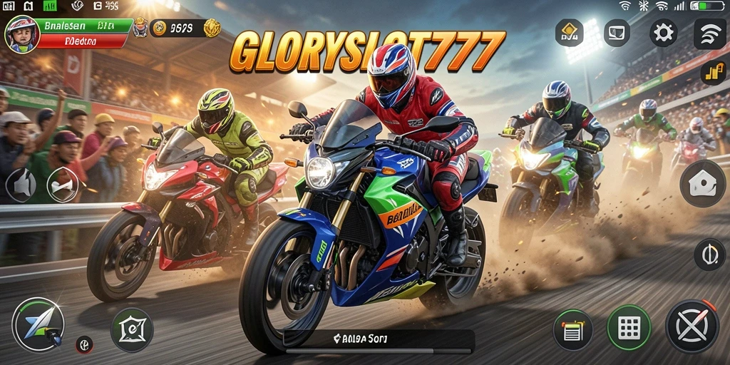 Screenshot gameplay GLORYSLOT777 menampilkan balapan motor yang mendebarkan.