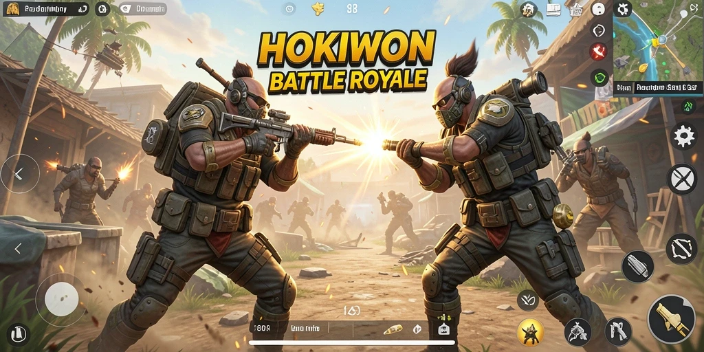 Screenshot gameplay HOKIWON yang menunjukkan aksi seru Battle Royale.